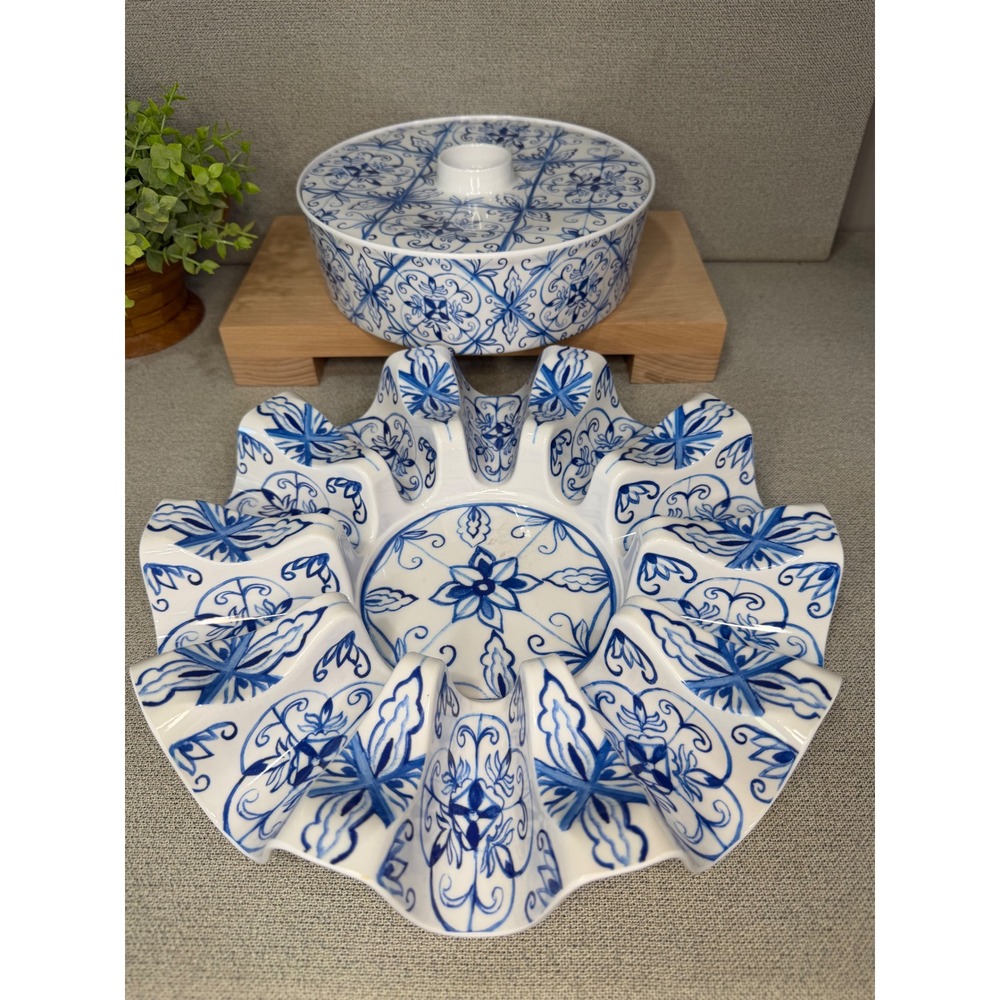 House & Garden spinning Melamine Taco Serving Set Blue White Tile Pattern 2 Pc‎